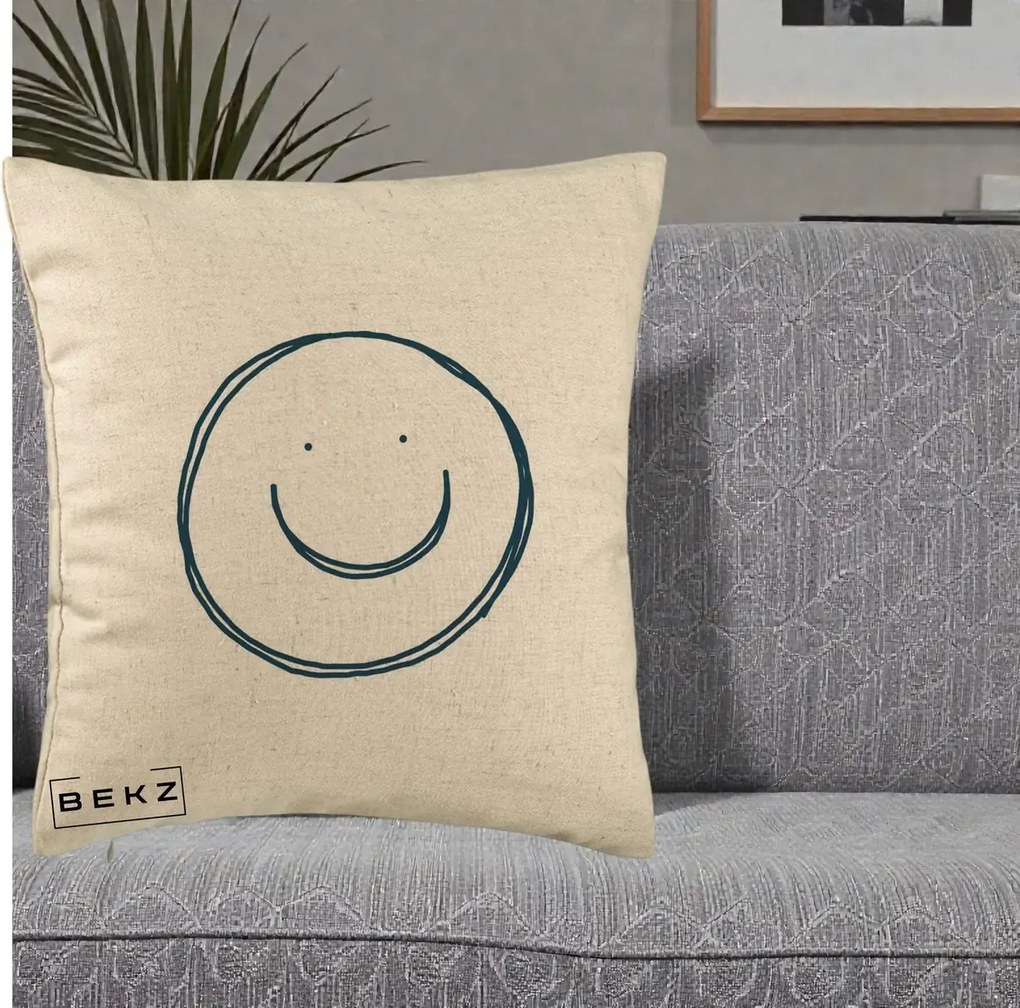 Perna Decorativa Smile Desen Minimalist, 40x40 cm, Bej, Husa Detasabila, Perna Inclusa, BEKZ®