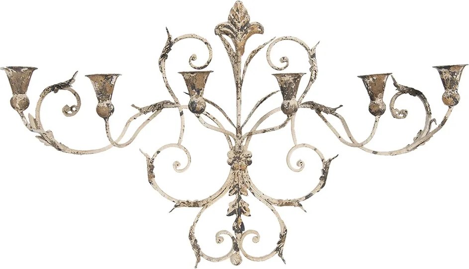 Sfesnic de perete, 6 lumanari, bej, din metal, aspect vintage, 82x15x48 cm