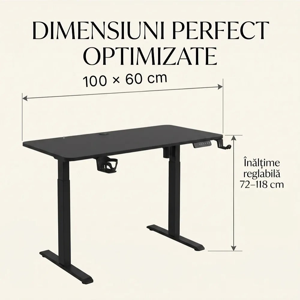 RESIGILAT- ELEVON WX-009 – Birou Reglabil Electric, Înălțime Reglabilă 72–118 cm, Blat Monobloc PAL de Înaltă Densitate 15 mm, Cadru Metalic din Oțel 65×45 mm, Panou Electronic, 100 × 60 cm, Negru