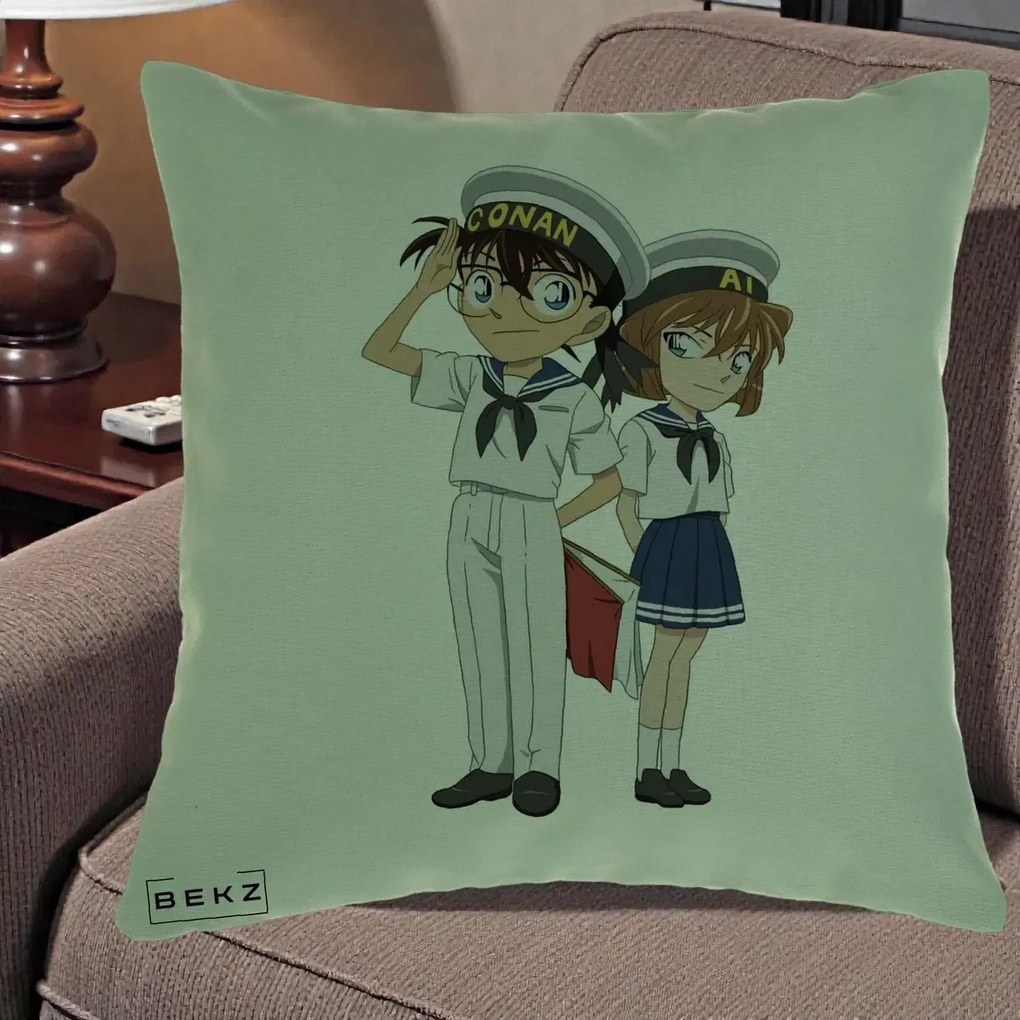 Perna Personalizata Detective Conan Conan si Ai Sailor, 40x40 cm, Verde, Husa Detasabila, Perna Inclusa, BEKZ®