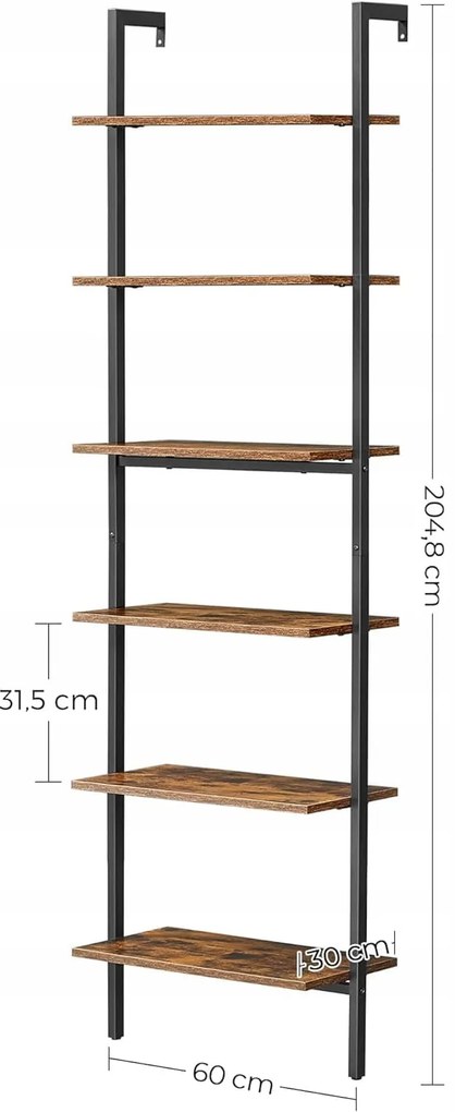 Raft de perete TAYLOR cu 6 polite 204,8x60 cm, maro rustic