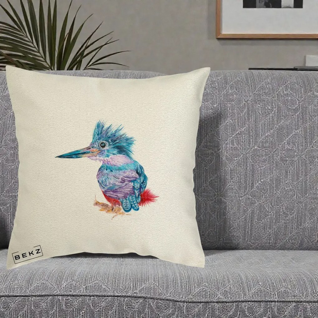 Perna Decorativa Pasare Martin Pescar Acuarela Albastru-Mov, 40x40 cm, Ecru, Husa Detasabila, Perna Inclusa, BEKZ®