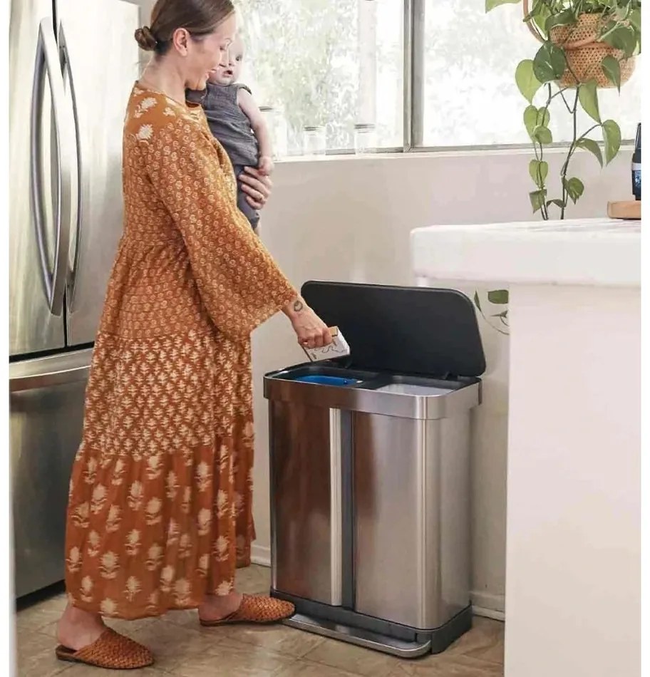 Simplehuman Coș de gunoi cu pedală pentru sortareadeșeurilor, 58 l, oțel periat, FPP