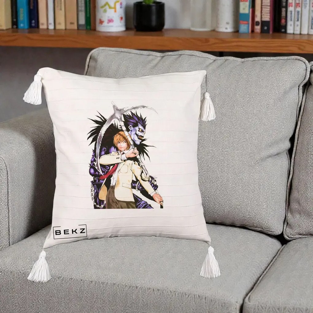 Perna Personalizata Death Note Light si Ryuk Duo, 40x40 cm, Bej cu Franjuri, Husa Detasabila, Perna Inclusa, BEKZ®
