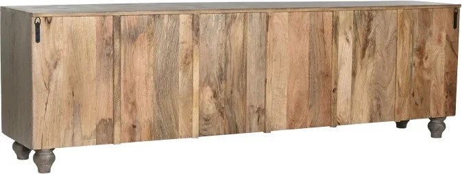 Comodă TV sculptată lungă din lemn masiv, gri, cu 6 uși, 3 rafturi și zăvoare din lemn, finisaj patinat, 61 x 200 x 40 cm, „Arvane”