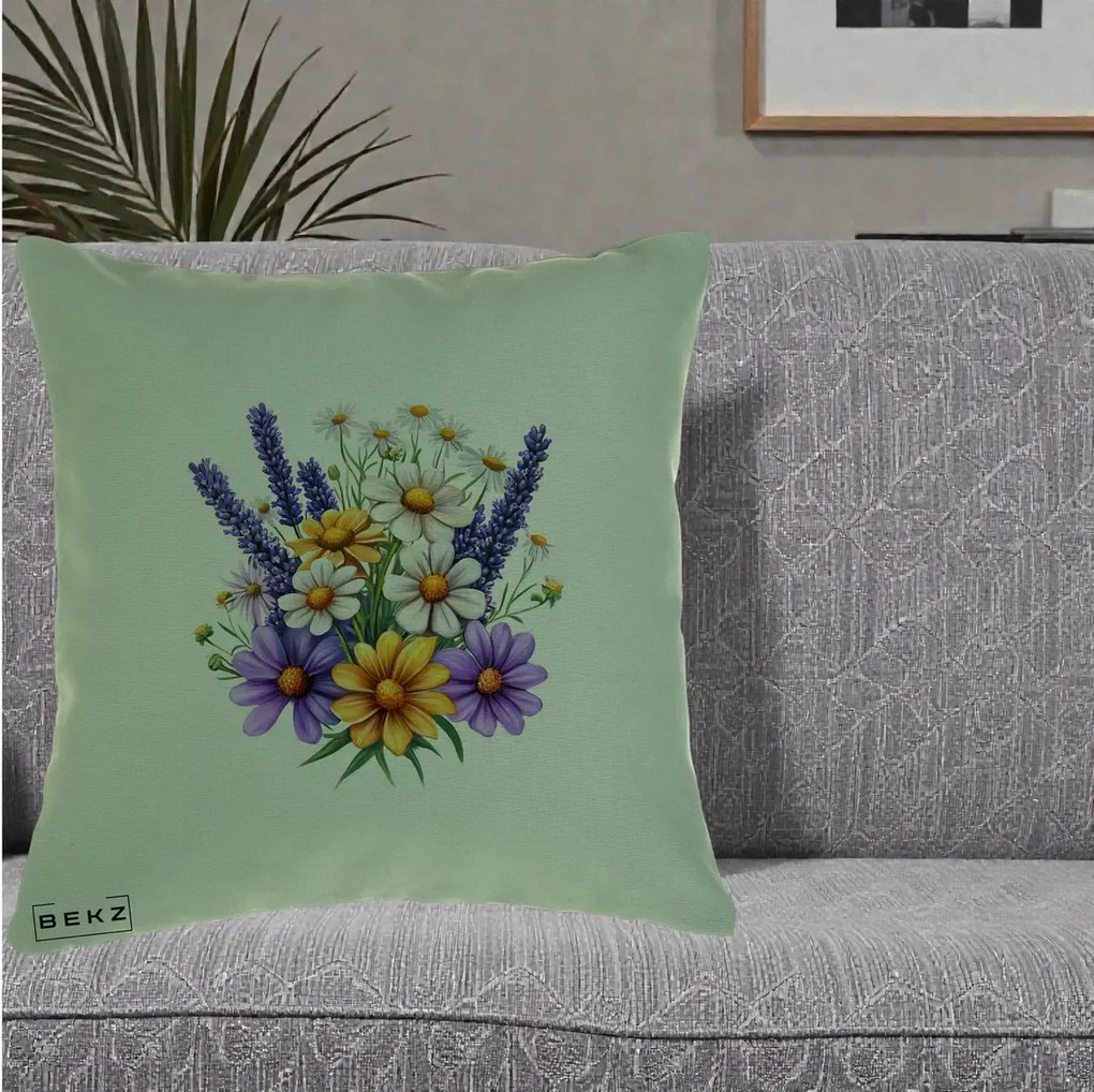 Perna Decorativa Lavanda Musetel si Flori Mov, 40x40 cm, Verde, Husa Detasabila, Perna Inclusa, BEKZ®