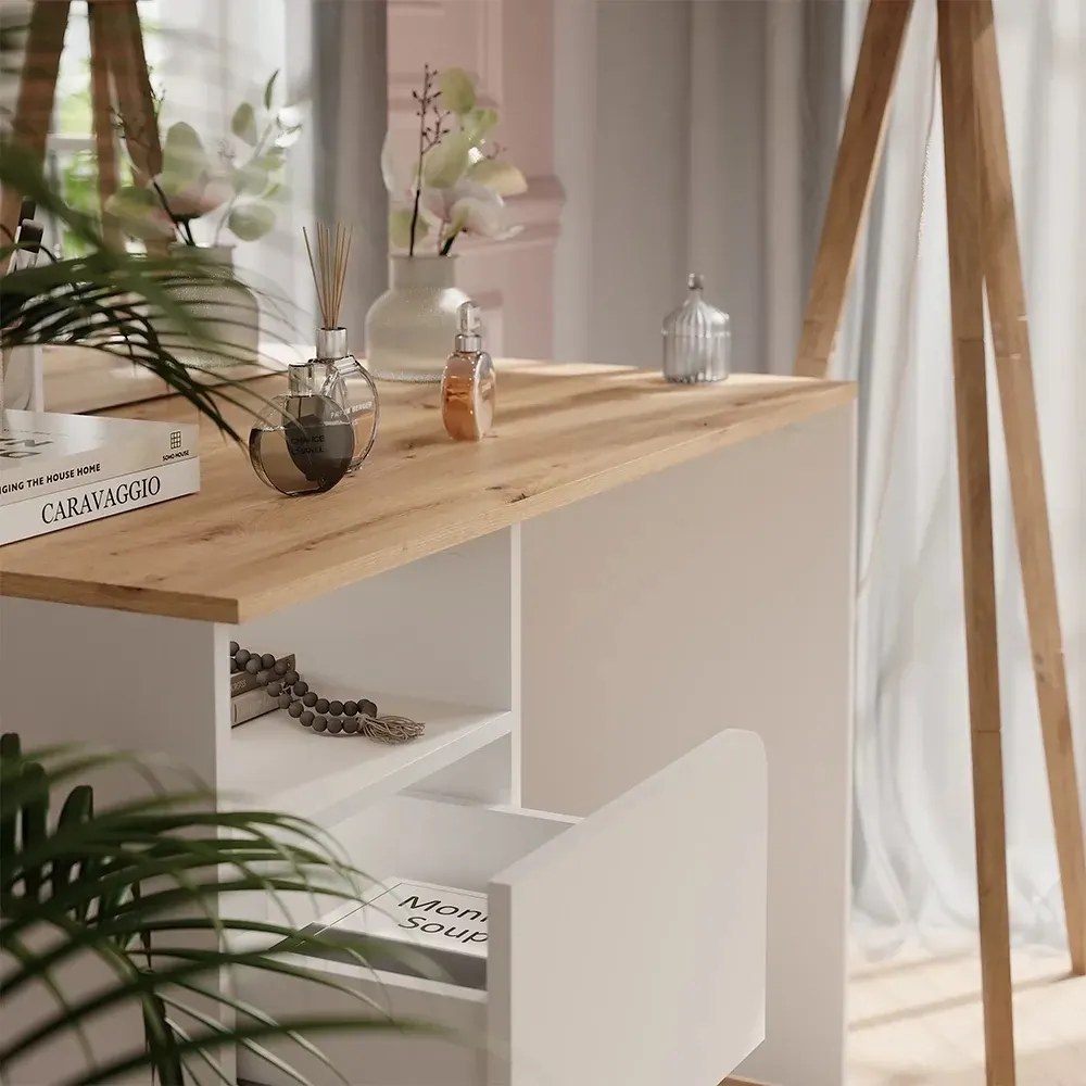SEA913 - Set masă toaletă 110 cm pentru machiaj cu oglindă LED, opțiune cu sau fără scaun – Design modern și funcțional - Alb - Culoarea Stejar