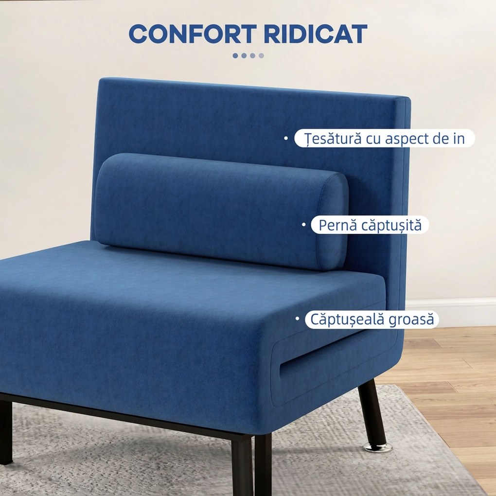 HOMCOM Fotoliu Convertibil în Pat din Fier și Bumbac cu Pernă cu Dungi, 75x70x75 cm, Albastru | Aosom Romania