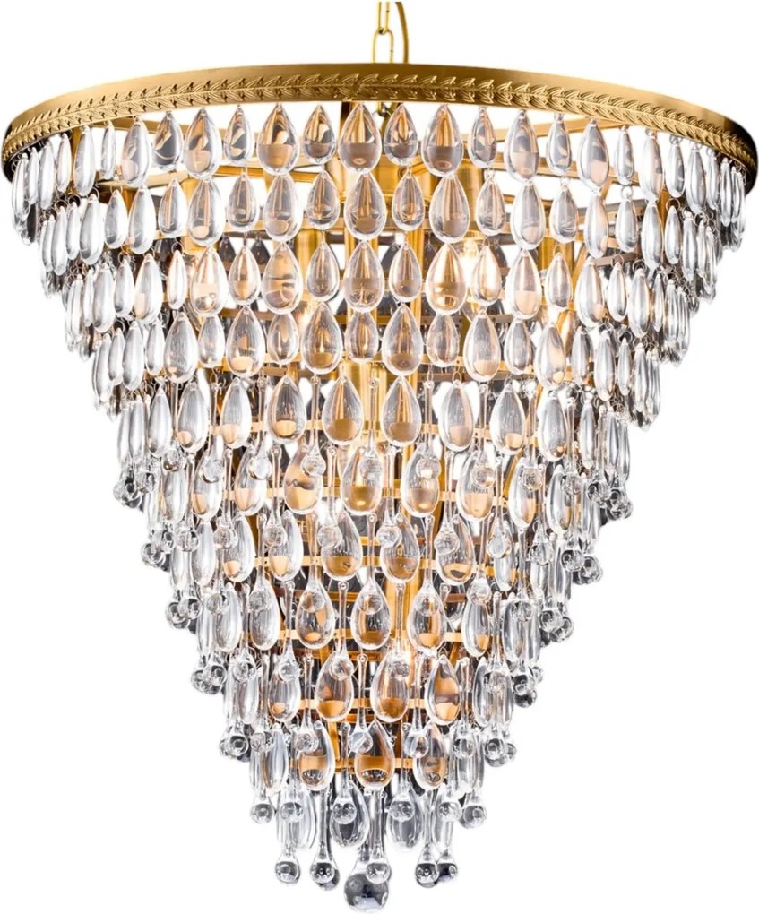 Candelabru din metal și sticlă, auriu, în formă de con, cu pandantive picătură și lanț reglabil, 65 x 61 cm, „Kensington”