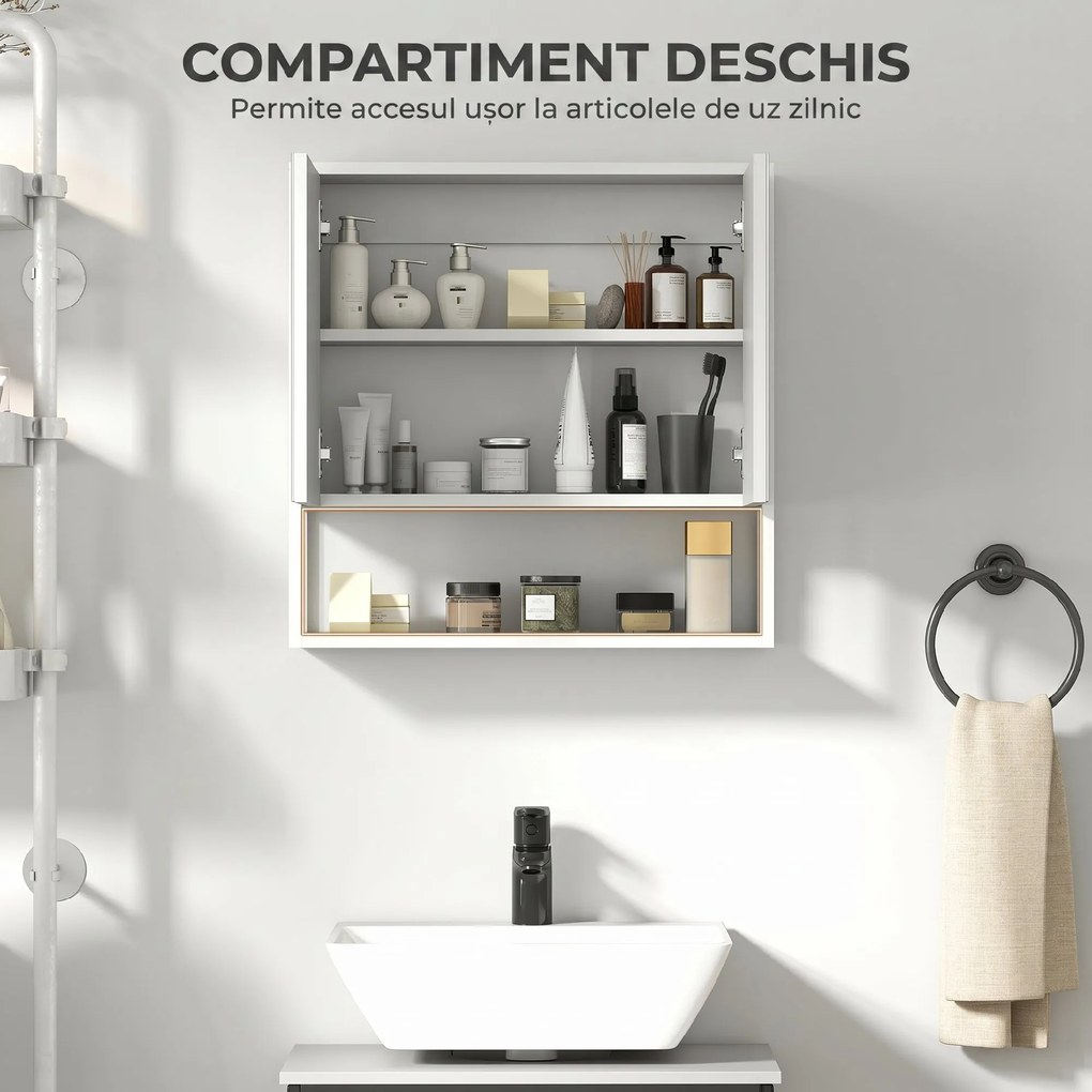 HOMCOM Dulap de Baie de Perete cu Oglindă, Dulap cu Raft Reglabil și Raft Deschis, 60x16x60 cm, Alb | Aosom Romania