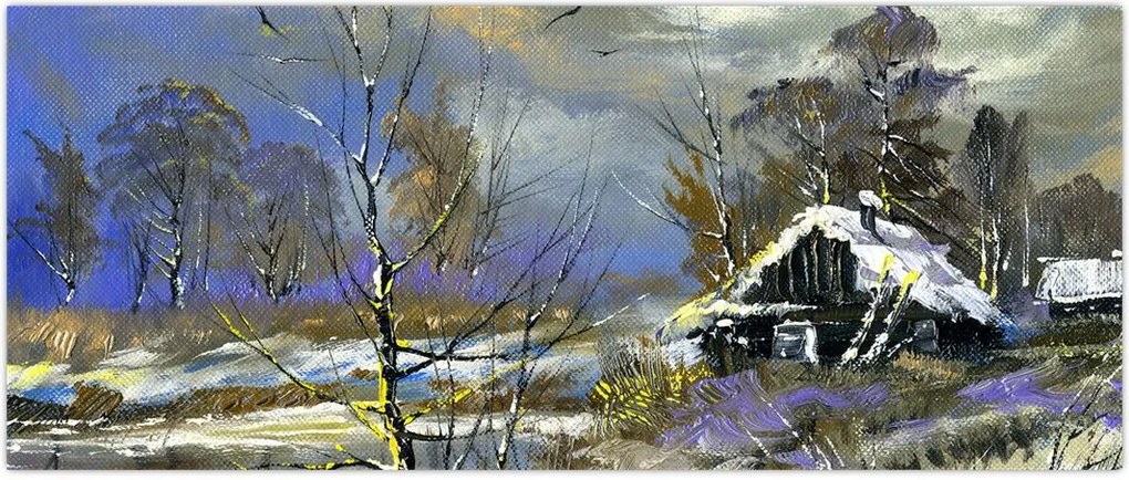 Tablou -Cabane într-un peisaj de iarnă, pictură în ulei (120x50 cm)