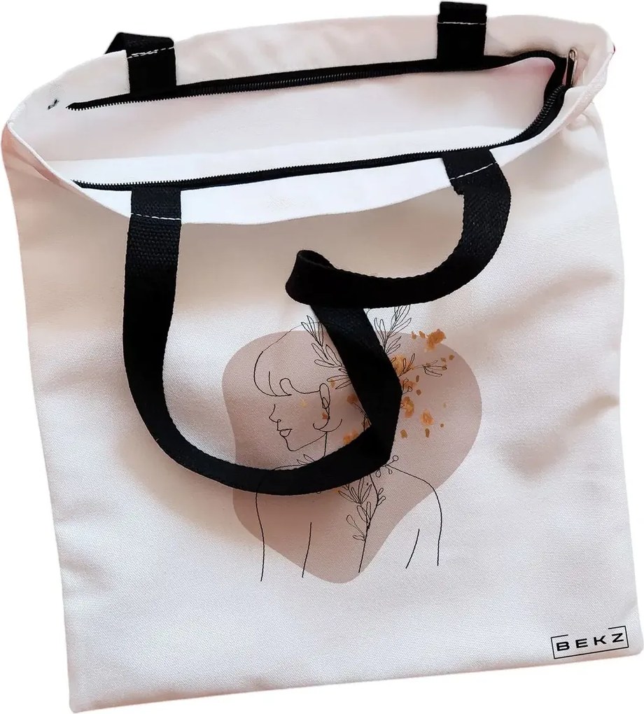 Sacosa de Panza pentru Cumparaturi, Geanta Tote, model Flower Girl, Cu fermoar, 38x34.5 cm, Alba, BEKZ®