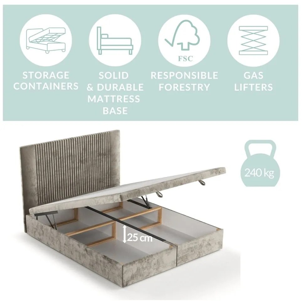 Pat matrimonial gri tapițat cu spațiu de depozitare 200x200 cm Mavel – Maison de Rêve