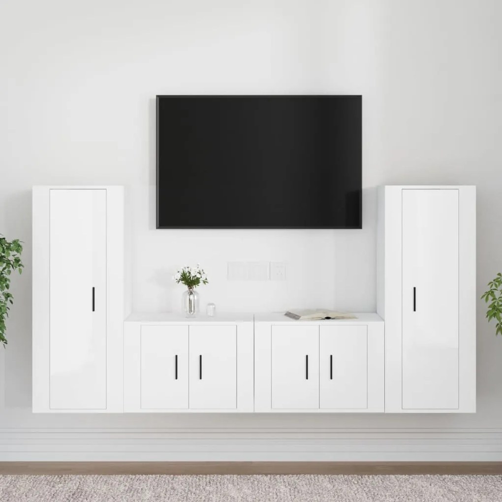 vidaXL Set dulap TV, 4 piese, alb extralucios, lemn prelucrat
