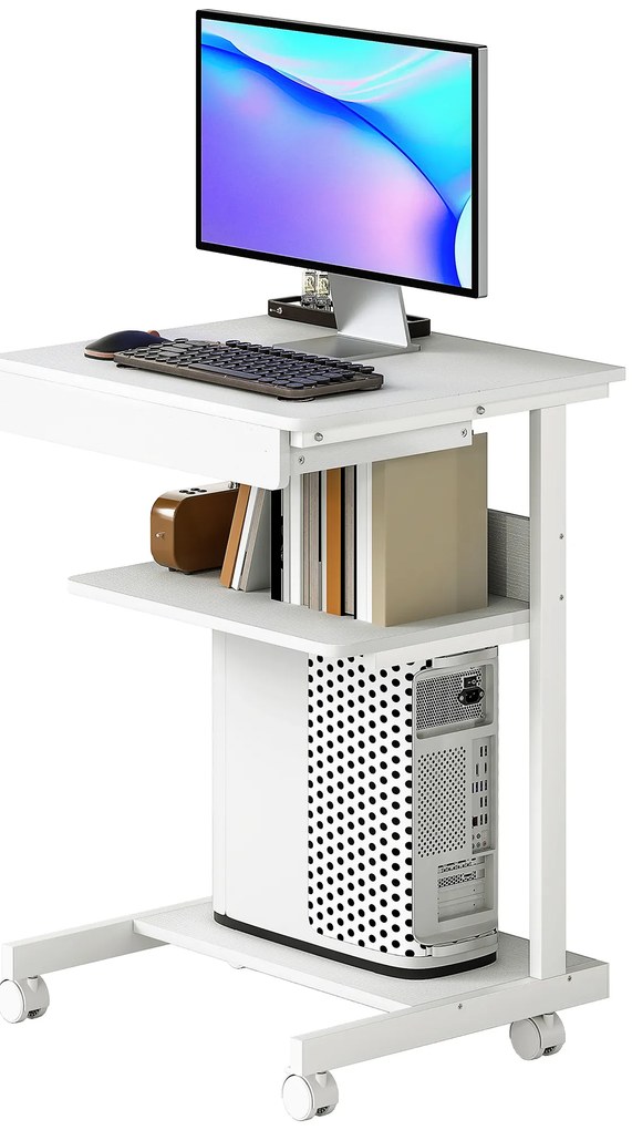 HOMCOM Birou de computer pe roți, birou cu depozitare 56 x 51 cm cu sertar, compartiment și suport CPU, alb | Aosom Romania