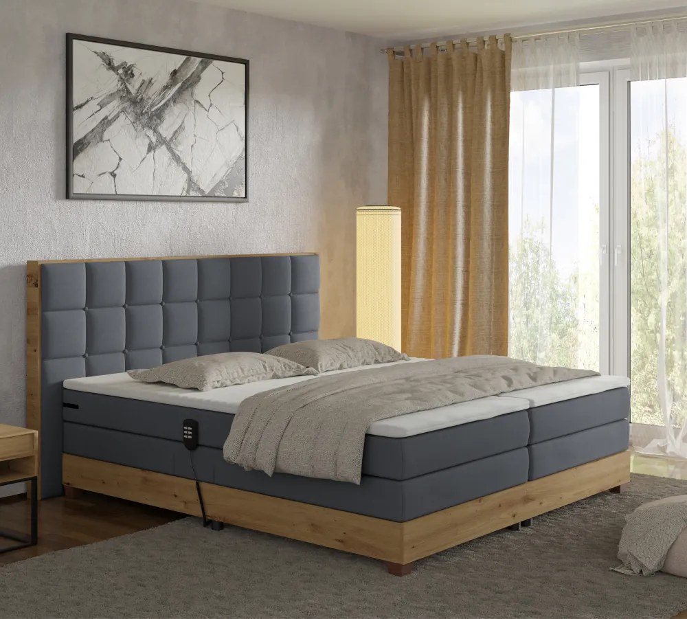 Pat electric reglabil, boxspring, gri închis/stejar artizanal, 180x200, TIANA