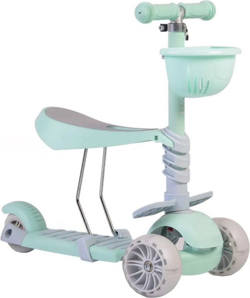 Tricicleta evolutiva 2 in 1 transformabila in trotineta NOVOKIDS™ BubbleGum , Max 40 kg, Roti din silicon cu LED, Maner de impins pentru parinti