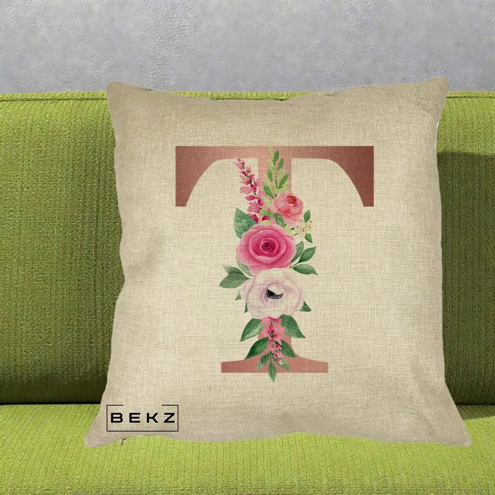 Cadou Personalizat - Perna Personalizata Monograma Rose Gold Litera T, 40x40 cm, Crem, Husa Detasabila, Perna Inclusa, BEKZ®