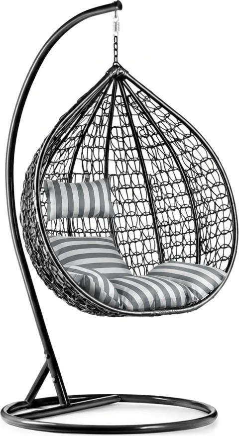 Scaun suspendat negru KOKON cu suport, perna alb-gri