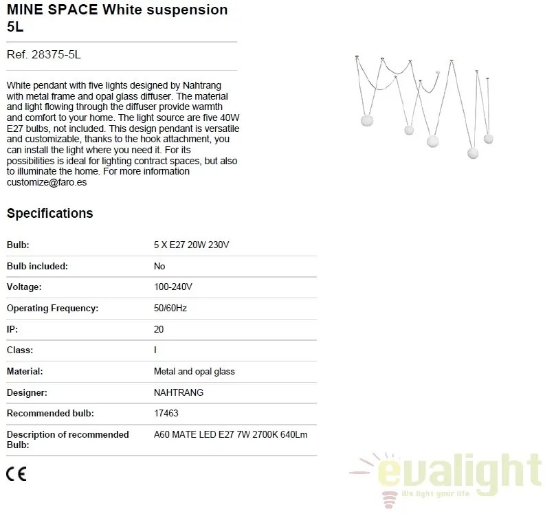 Lustra cu 5 pendule design modern MINE SPACE White 28375-5L