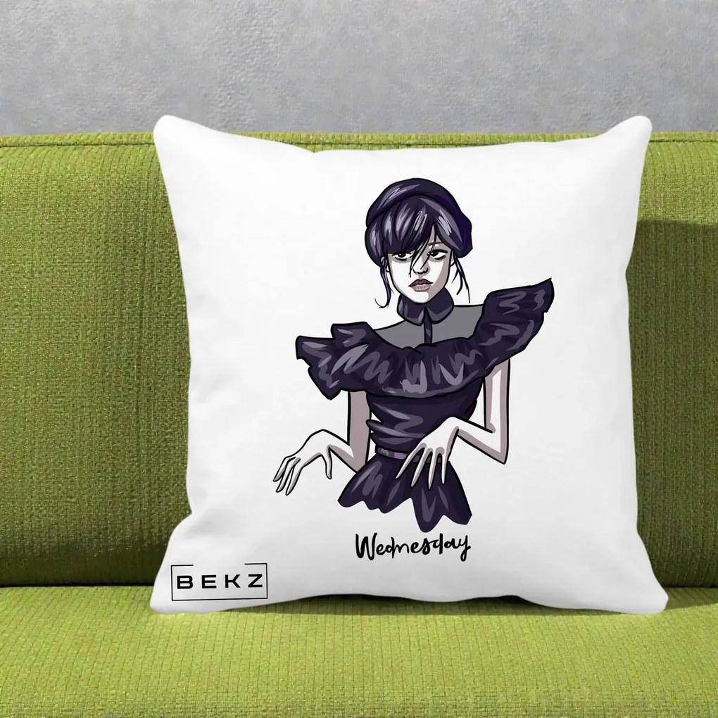 Perna Personalizata Wednesday Addams Dans Gotic, 40x40 cm, Alba Mata, Husa Detasabila, Perna Inclusa, BEKZ®