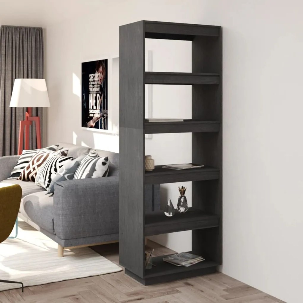 Bibliotecă/separator cameră, gri, 60x35x167 cm, lemn masiv pin