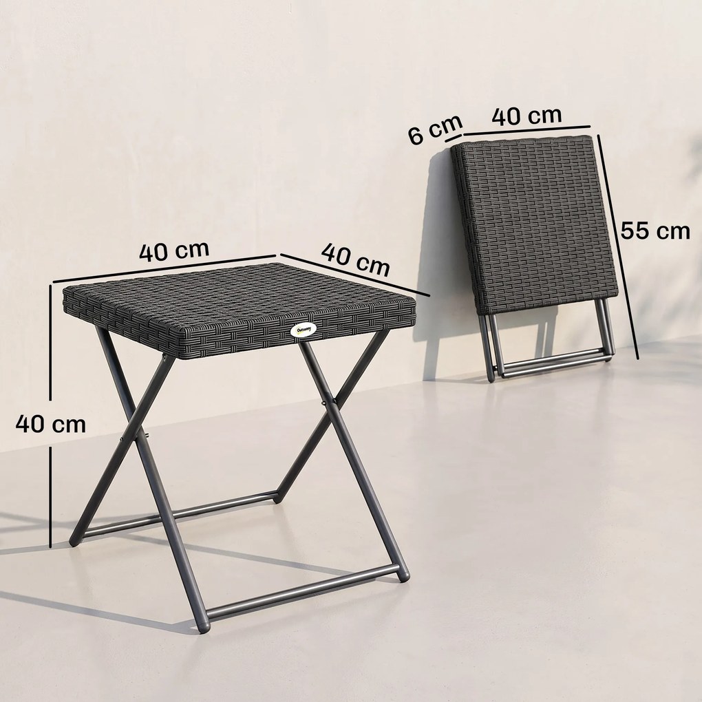 Outsunny Masuta pentru Gradina Pliabila din Ratan Sintetic si Otel, Masuta pentru Exterior Economie Spatiu 40x40x40cm, Negru