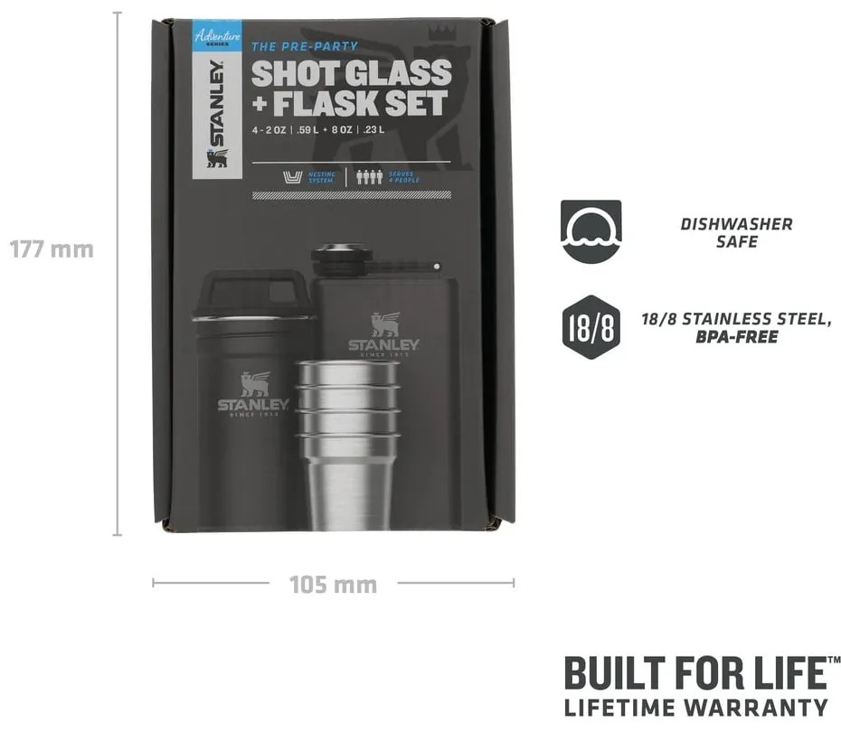 Set sticlă și pahare de tărie negru 6 buc. din oțel inoxidabil 250 ml Adventure Black – Stanley