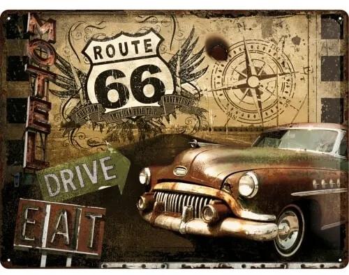 Placă metalică Route 66 - Drive, Eat, ( x  cm)