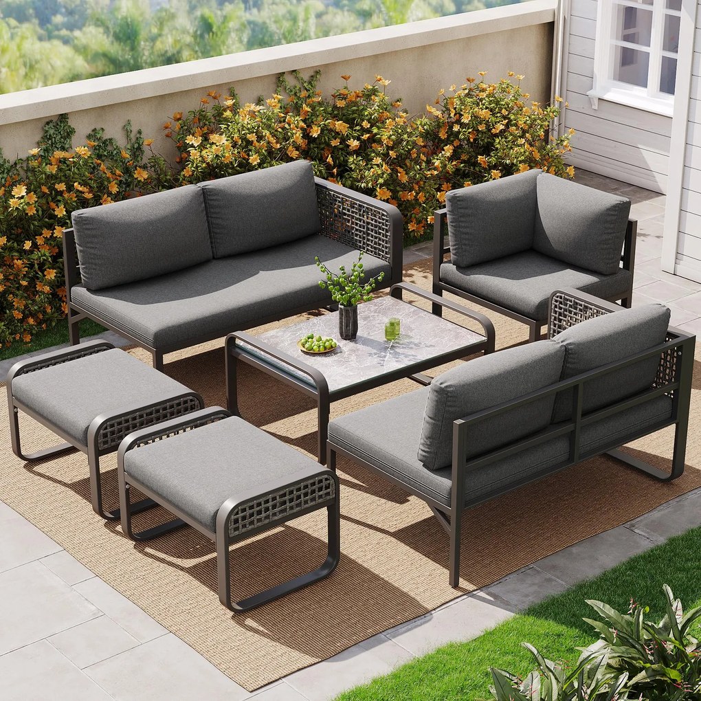 Set de lounge pentru grădină pentru 6-7 persoane, mobilier din ratan cu cadru din fier galvanizat și picioare reglabile, inclusiv perne de șezut și spătar, Gri