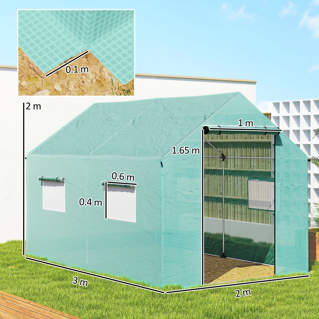 Outsunny Seră de Grădină Tip Tunel 2x3x2 m cu Uși și Ferestre Rulabile, Acoperiș Înclinat, Structură din Oțel și Acoperire PE, pentru Grădină Legume Flori Fructe, Anti-UV, Verde | Aosom Romania