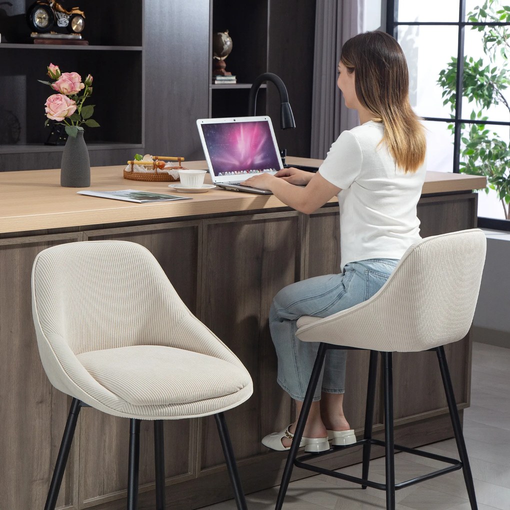 HOMCOM Set de 2 scaune de bar cu acoperire cord și picioare din oțel, scaune tapițate pentru insula bucătăriei, sufragerie, cremă | Aosom Romania