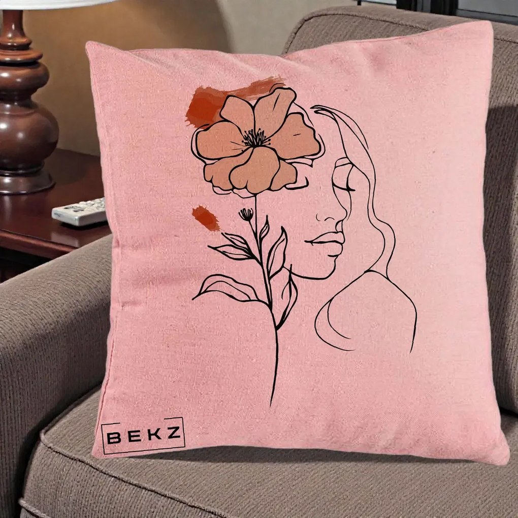 Perna Decorativa Portret Feminin Floare Bej Terracotta, 40x40 cm, Roz, Husa Detasabila, Perna Inclusa, BEKZ®