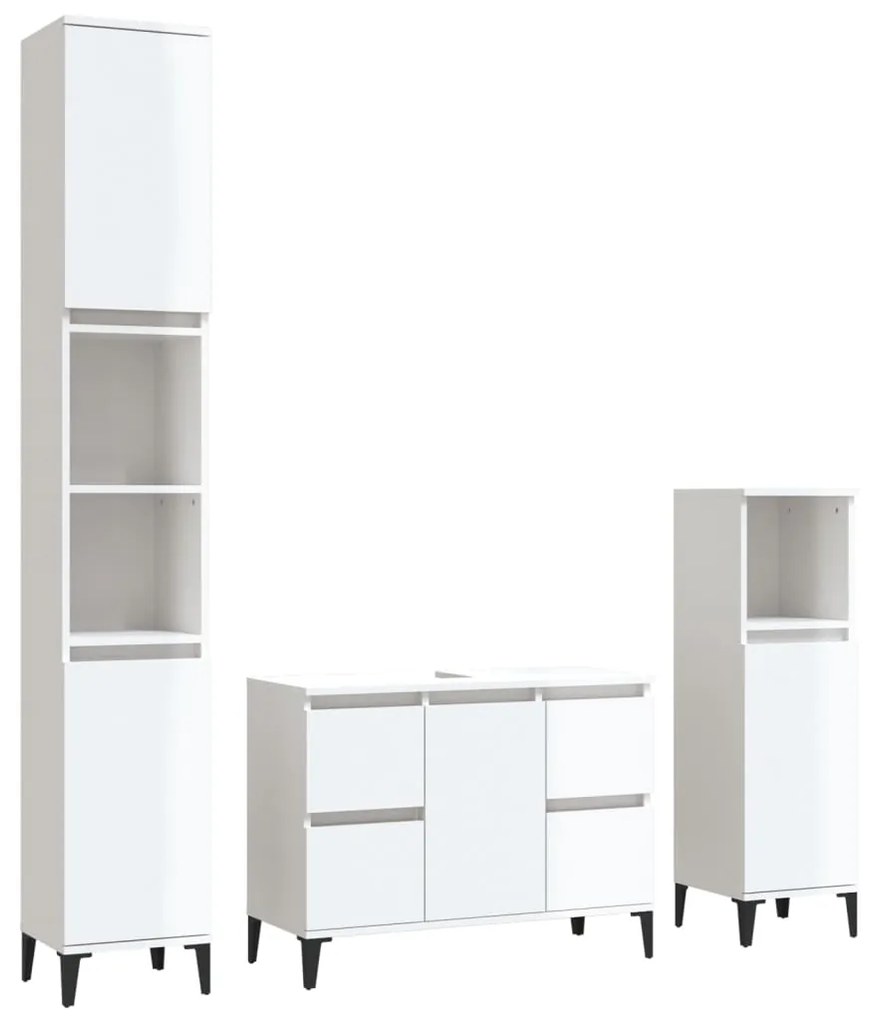 3185607 vidaXL Set mobilier de baie, 3 piese, alb extralucios, lemn compozit