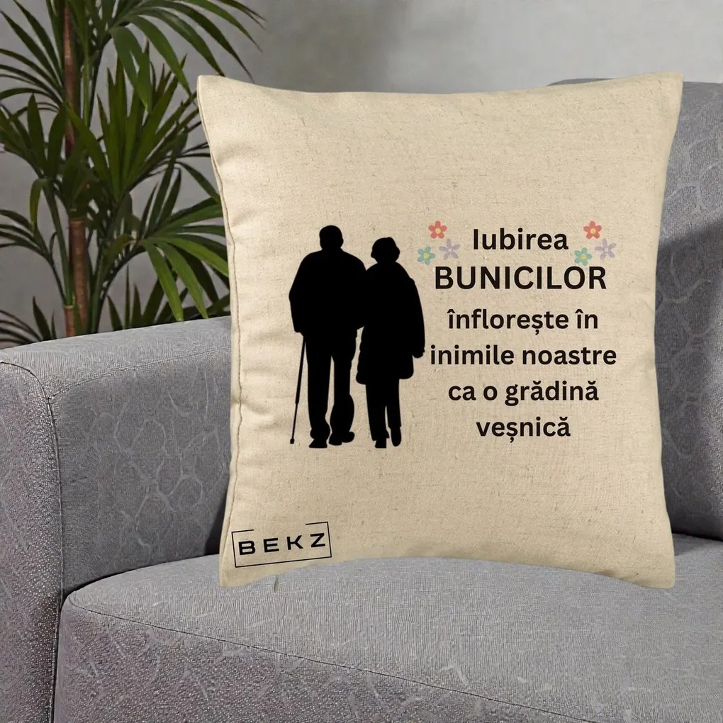 Cadou pentru Bunici - Perna Personalizata Bunicii Iubirea Infloreste Silueta Neagra Flori, 40x40 cm, Bej, Husa Detasabila, Perna Inclusa, BEKZ®