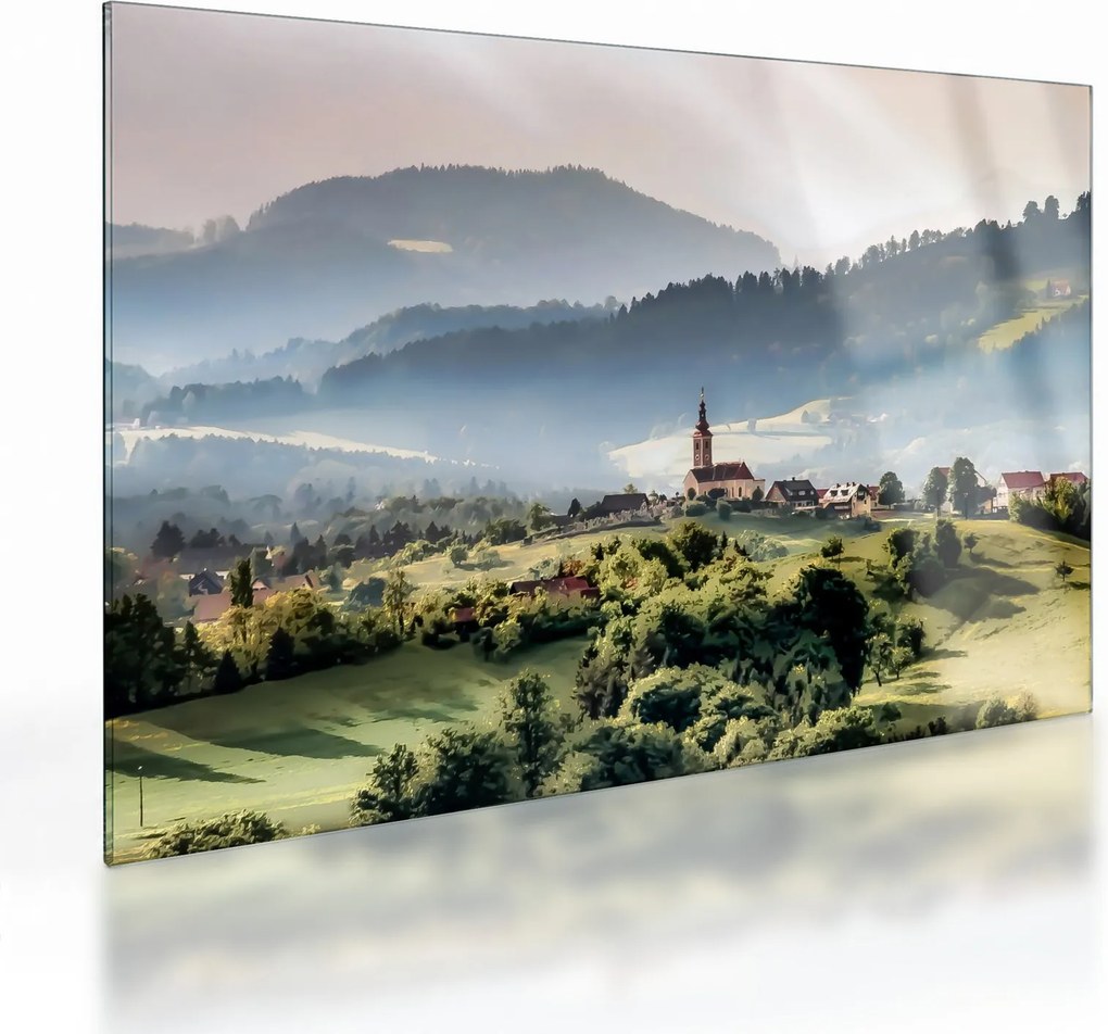 Tablou pe sticlă - sătuț în ceață (70x50 cm)