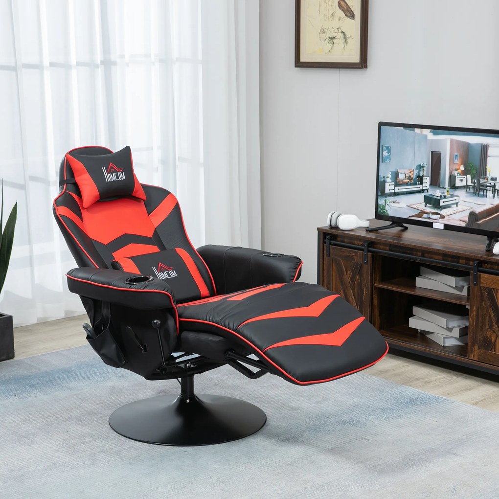 HOMCOM Fotoliu de gaming, Funcție de masaj, spătar înclinabil, suport de picioare, până la 120 kg, cadru din oțel, piele ecologică, Roșu | Aosom Romania