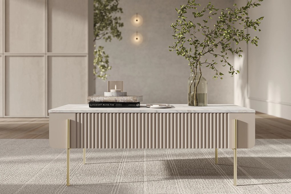 Măsuță de cafea Malmi 100 cm cu sertare - kaszmir / crema bianca / picioare aurii