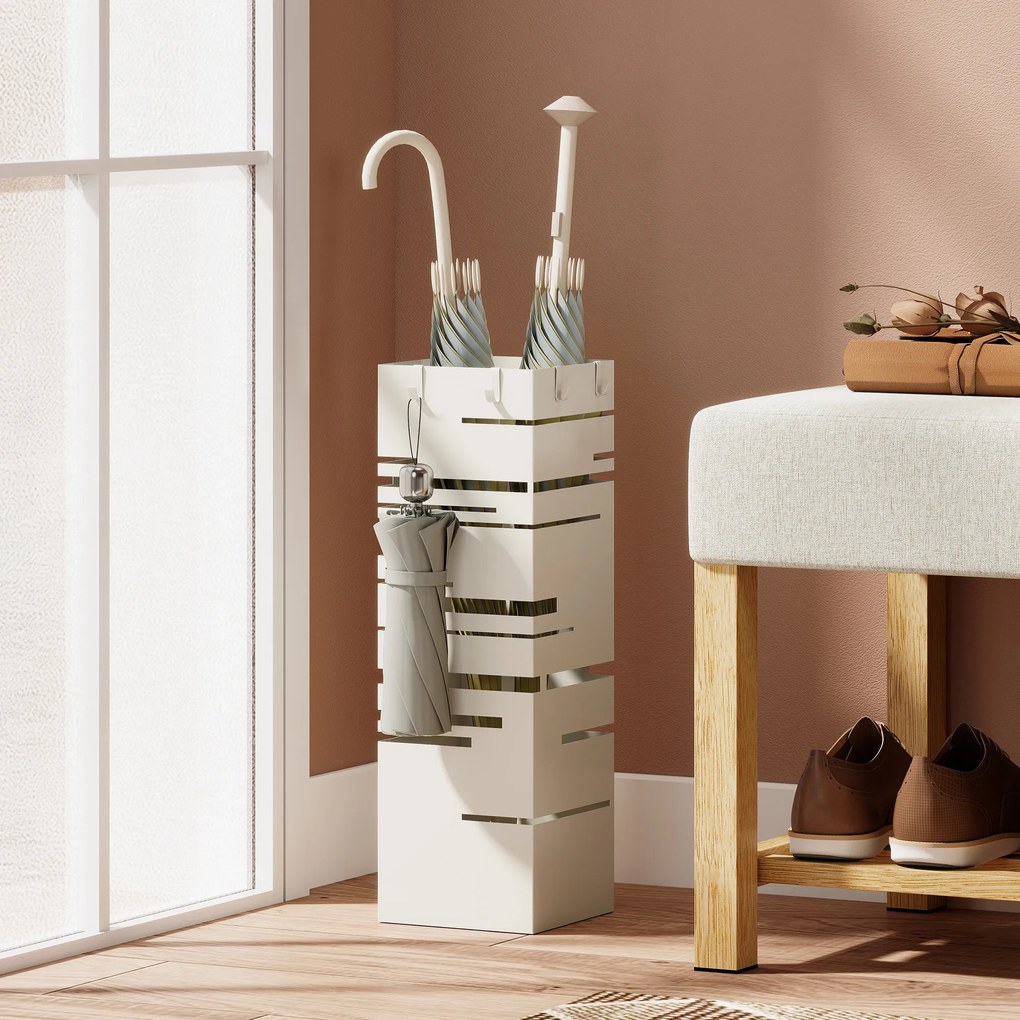 HOMCOM Suport de Umbrele Autoportant Pătrat din Metal cu 4 Cârlige, Bej | Aosom Romania