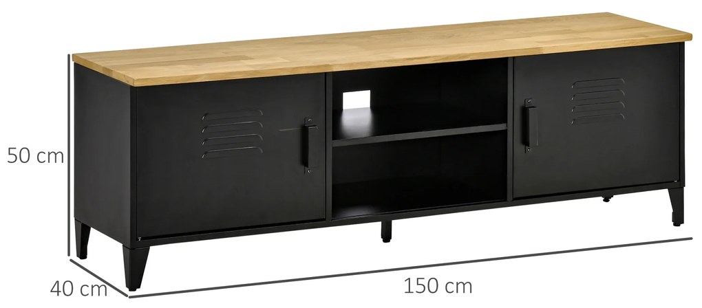 HOMCOM Mobilier TV Banc TV pentru televizoare de 55'' cu 2 Dulapuri Picioare Reglabile Cadru metalic negru Tablou din lemn natural 150 x 40 x 50 cm | Aosom Romania
