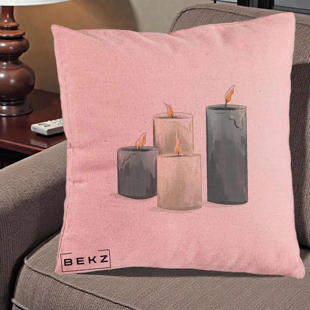 Perna Decorativa Lumanari Hygge Alb-Verde, 40x40 cm, Roz, Husa Detasabila, Perna Inclusa, BEKZ®