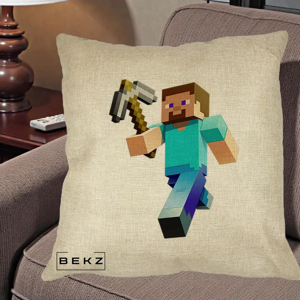 Perna Personalizata Minecraft Steve cu Tarnacop, 40x40 cm, Crem, Husa Detasabila, Perna Inclusa, BEKZ®