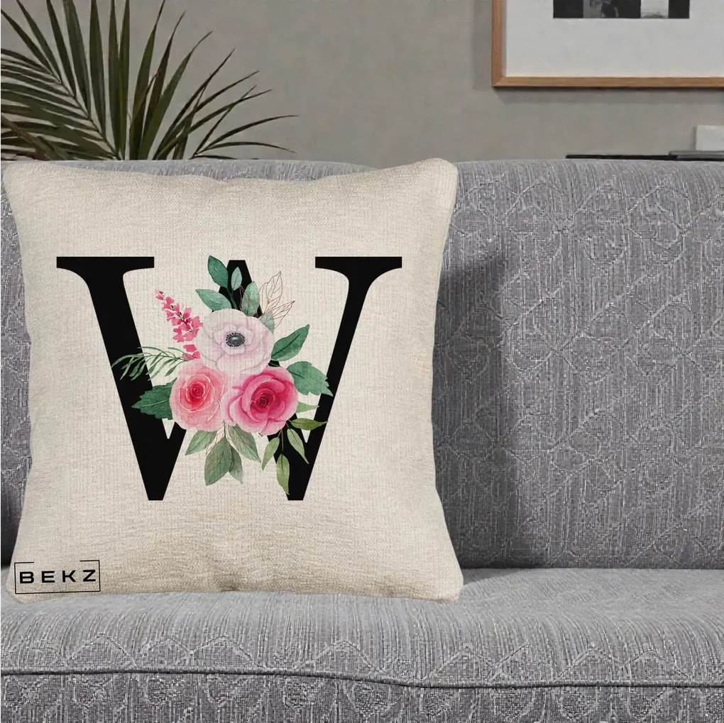 Cadou Personalizat - Perna Personalizata Monograma Florala Litera W cu Trandafiri si Anemona, 40x40 cm, Bej Canapea, Husa Detasabila, Perna Inclusa, BEKZ®