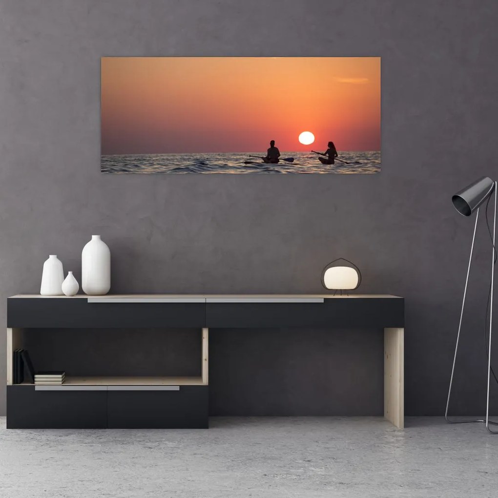 Tablou cu canoiști în apus de soare (120x50 cm)