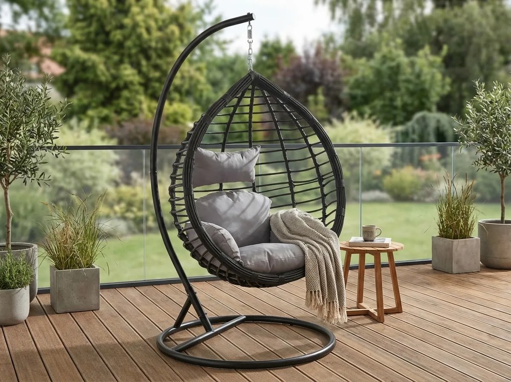 Scaun suspendat TARINO cu suport, negru/perna gri