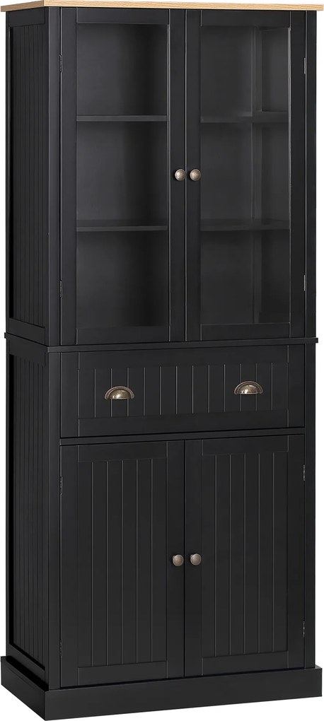 HOMCOM Bufet mobilier bucătărie dulap de bucătărie 4 uși dintre care 2 uși vitrate și 1 sertar rafturi reglabile - negru | Aosom Romania