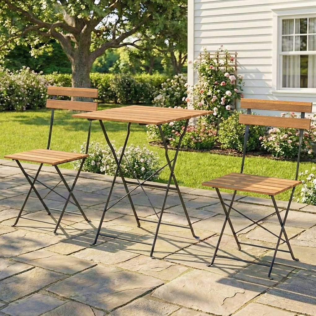 Outsunny Set mobilier de grădină bistro 3 piese, 2 scaune pliabile, masă pătrată din lemn de acacia, 55x55x71cm, natural | Aosom Romania