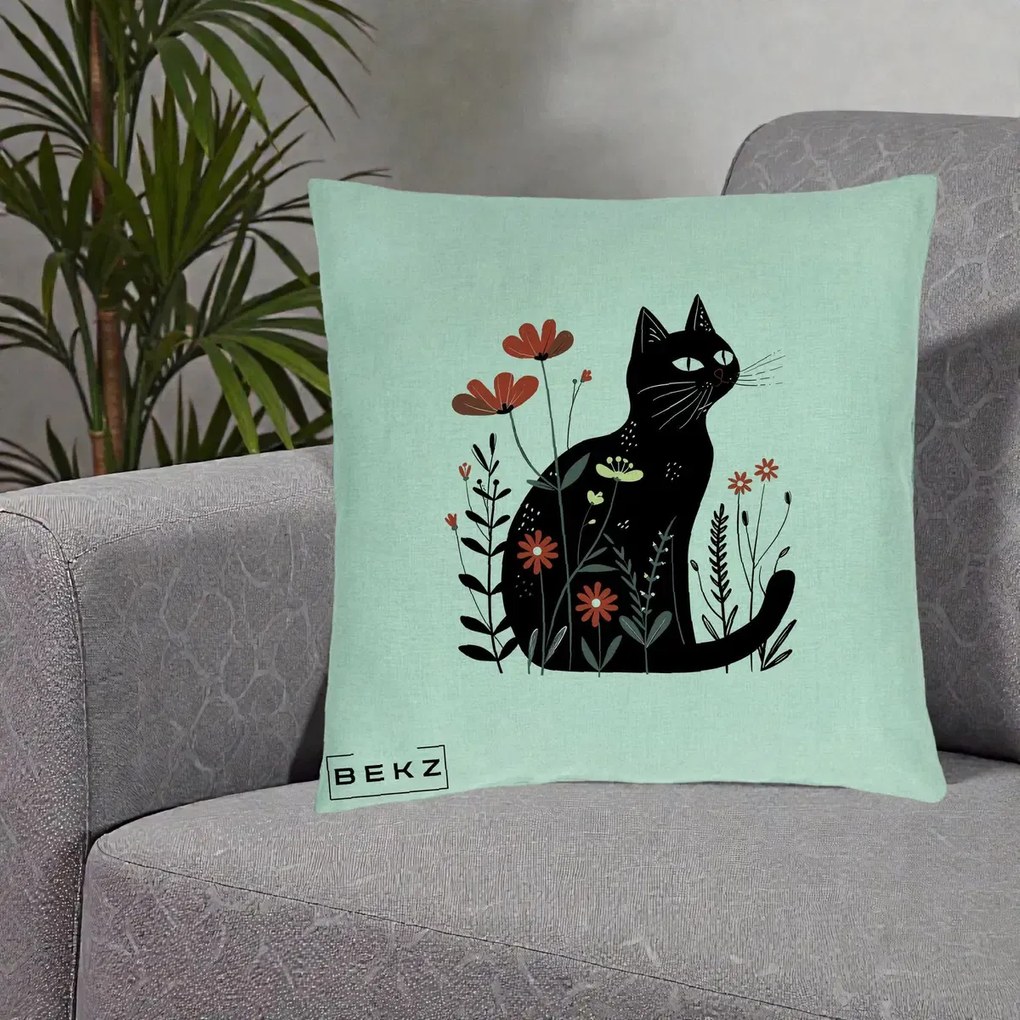 Perna Decorativa Pisica Neagra Flori Rosii Folk, 40x40 cm, Verde Menta, Husa Detasabila, Perna Inclusa, BEKZ®