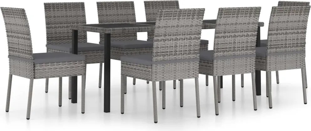 vidaXL Set mobilier de masă pentru grădină, 9 piese, gri, poliratan