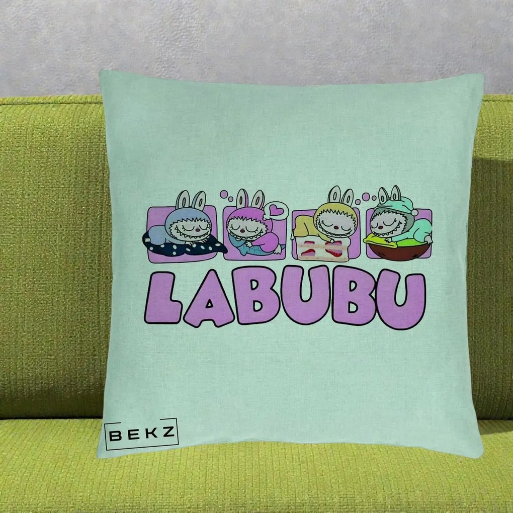 Perna Personalizata Labubu Sleeping Quad, 40x40 cm, Verde Menta, Husa Detasabila, Perna Inclusa, BEKZ®